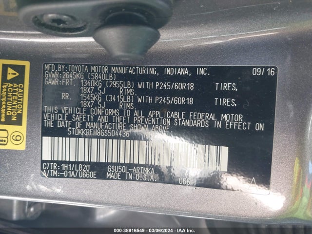 Toyota Highlander Xle V6 2016 5TDKKRFH8GS504436 Image 9