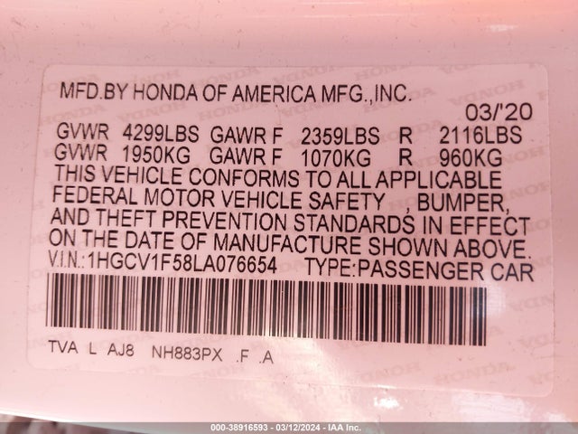 Honda Accord Ex-l 2020 1HGCV1F58LA076654 Image 9
