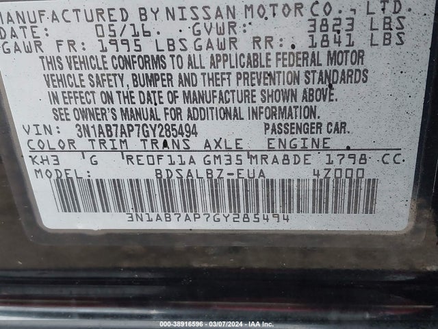 Nissan SENTRA S 2016 3N1AB7AP7GY285494 Image 9