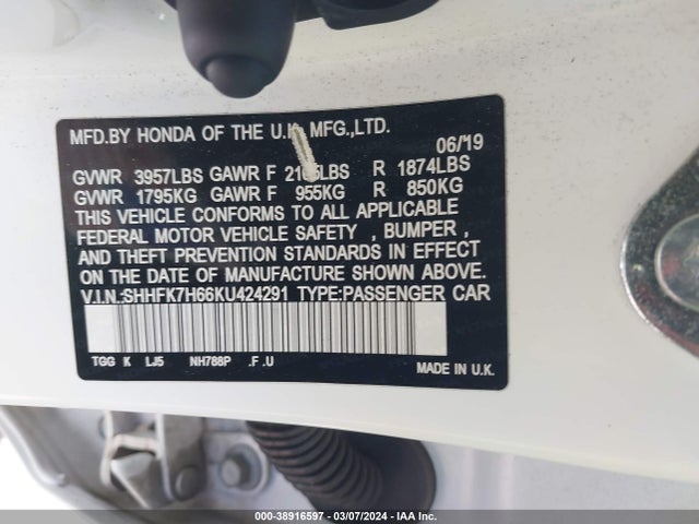 Honda CIVIC EX 2019 SHHFK7H66KU424291 Image 9