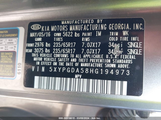 KIA Sorento 3.3l Lx 2017 5XYPGDA58HG194973 Image 9