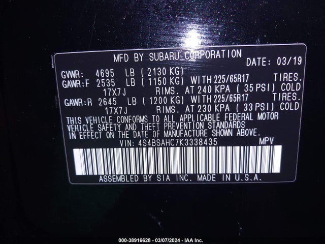 Subaru Outback 2.5i Premium 2019 4S4BSAHC7K3338435 Image 9