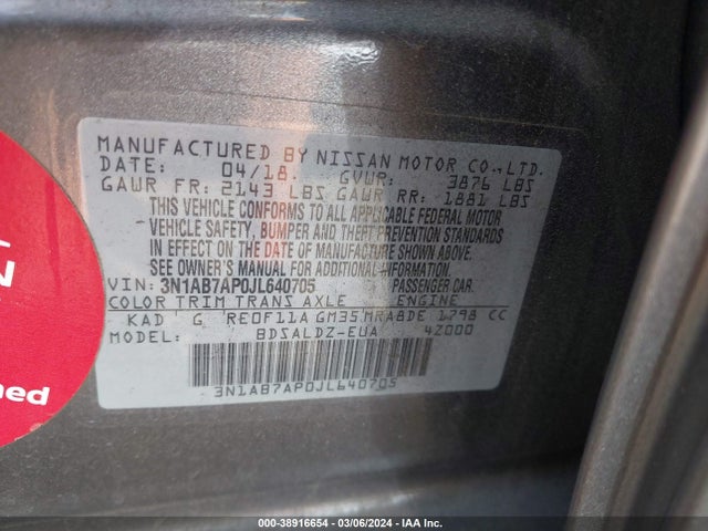 Nissan SENTRA SV 2018 3N1AB7AP0JL640705 Image 9
