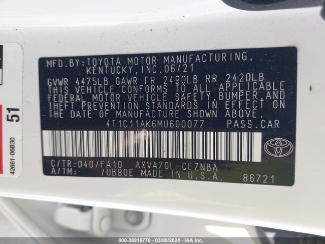 Toyota CAMRY LE 2021 4T1C11AK6MU600077 Image 9