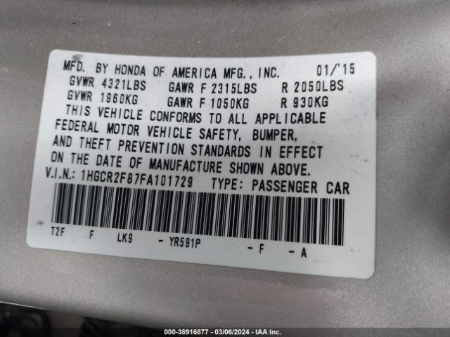 1HGCR2F87FA101729 Honda Accord Ex-l