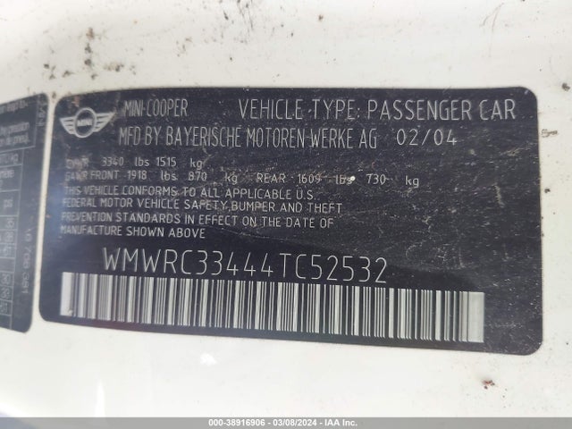 2004 MINI COOPER WMWRC33444TC52532 Photo 8