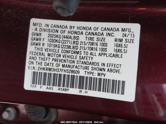 Honda CR-V LX 2015 2HKRM3H37FH528609 Image 9