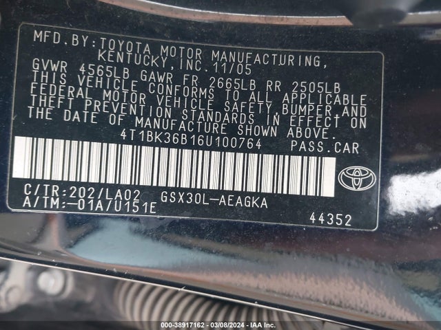 2006 TOYOTA AVALON XLS VIN: 4T1BK36B16U100764