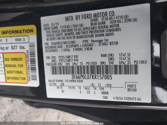 Ford Fusion Hybrid Se 2019 3FA6P0LU7KR157005 Image 9