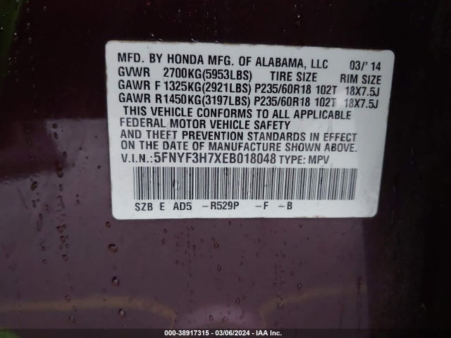 Honda Pilot Ex-l 2014 5FNYF3H7XEB018048 Image 9