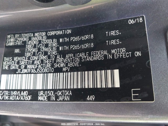 JTJBM7FX6J5208010 Lexus 460