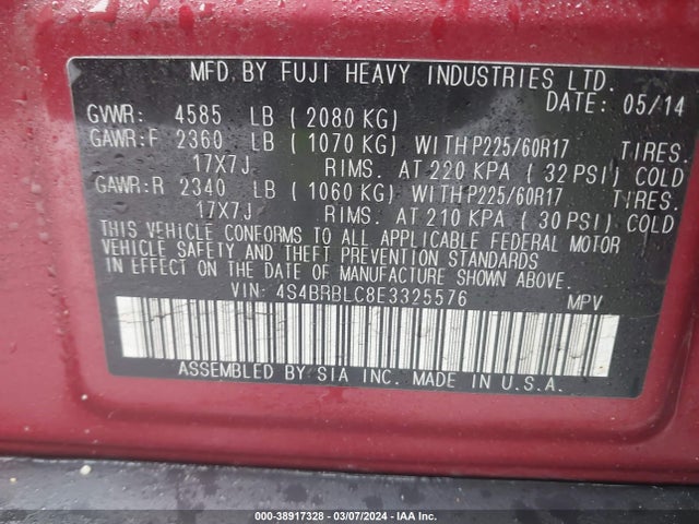 Subaru Outback 2.5i Limited 2014 4S4BRBLC8E3325576 Image 9