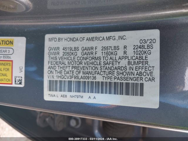 1HGCV3F95LA009136 Honda Accord Hybrid Touring