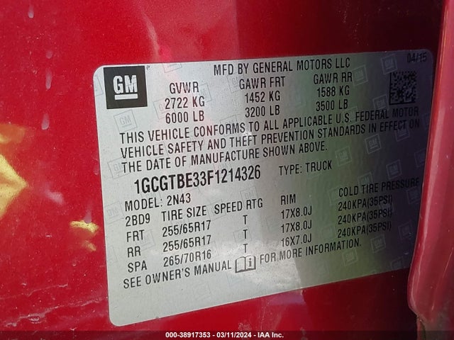 Chevrolet Colorado Lt 2015 1GCGTBE33F1214326 Image 9