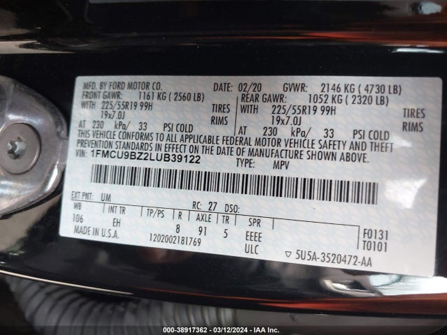 1FMCU9BZ2LUB39122 Ford Escape Se Sport Hybrid