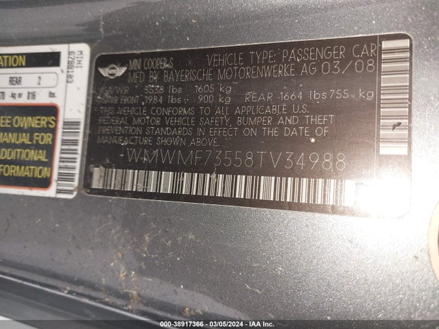 2008 MINI COOPER S WMWMF73558TV34988 Photo 8