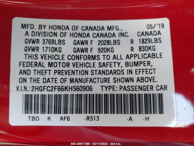 Honda Civic Lx 2019 2HGFC2F66KH560906 Image 9
