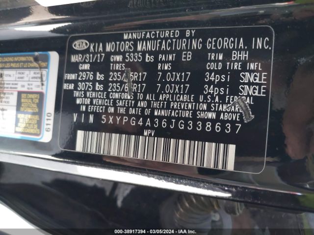 5XYPG4A36JG338637 KIA Sorento 2.4l Lx
