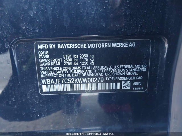 BMW 540i Xdrive 2019 WBAJE7C52KWW08279 Image 9