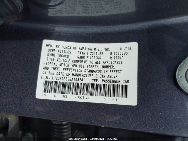 Honda Accord Ex-l 2016 1HGCR2F80GA108281 Image 9