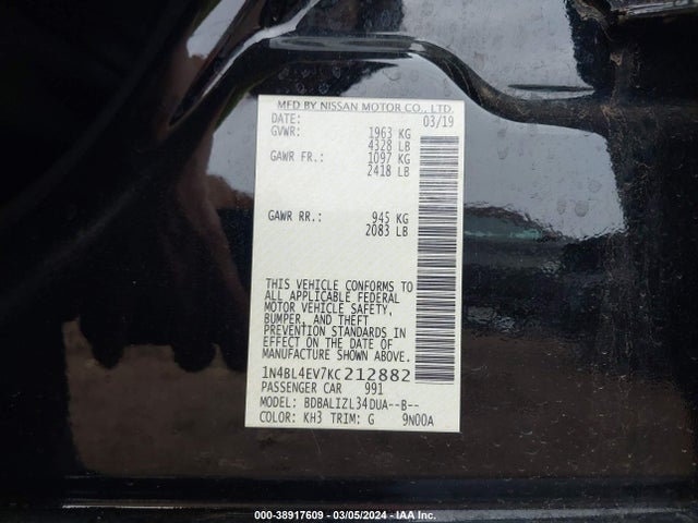 Nissan Altima 2.5 Sl 2019 1N4BL4EV7KC212882 Image 9