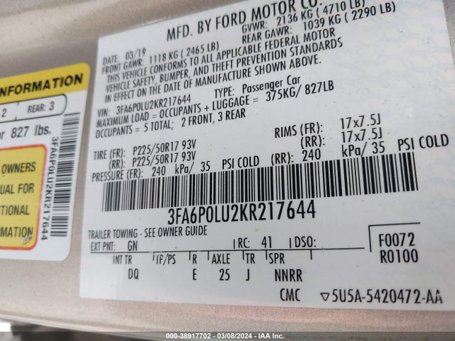 Ford Fusion Hybrid Se 2019 3FA6P0LU2KR217644 Image 9