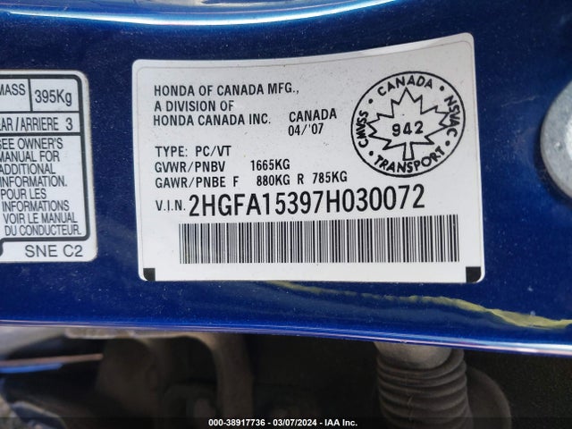 2007 HONDA CIVIC SDN 2HGFA15397H030072 Photo 8