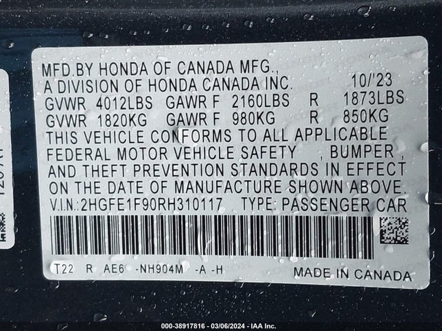 Honda Civic Touring 2024 2HGFE1F90RH310117 Image 9
