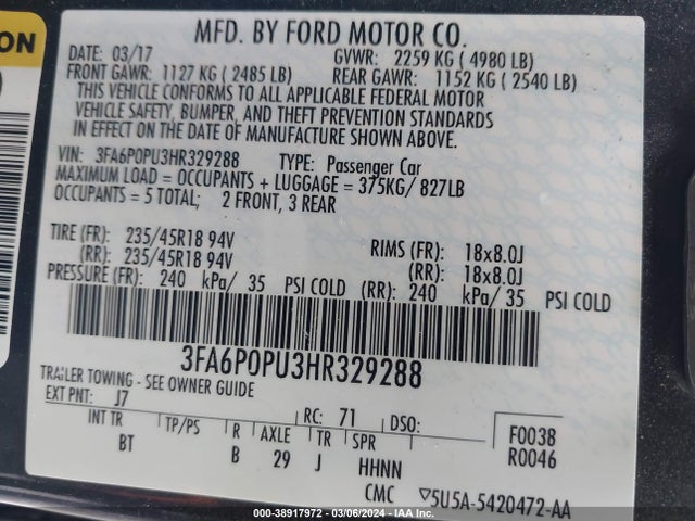 3FA6P0PU3HR329288 Ford Fusion Energi Se Luxury