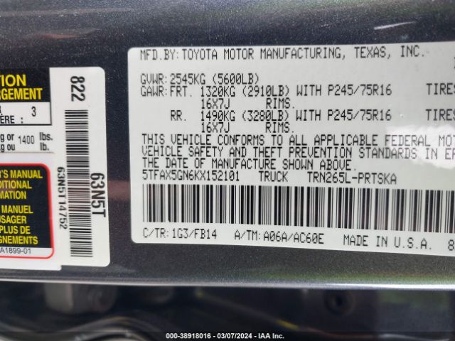 5TFAX5GN6KX152101 Toyota Tacoma Sr