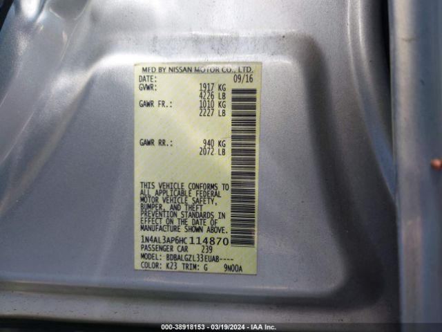 1N4AL3AP6HC114870 Nissan Altima 2.5/2.5 S/2.5 Sl/2.5 Sr/2.5 Sv