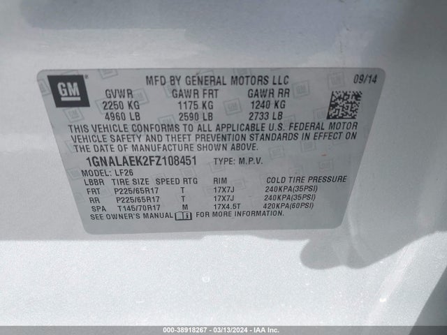 Chevrolet EQUINOX LS 2015 1GNALAEK2FZ108451 Image 9