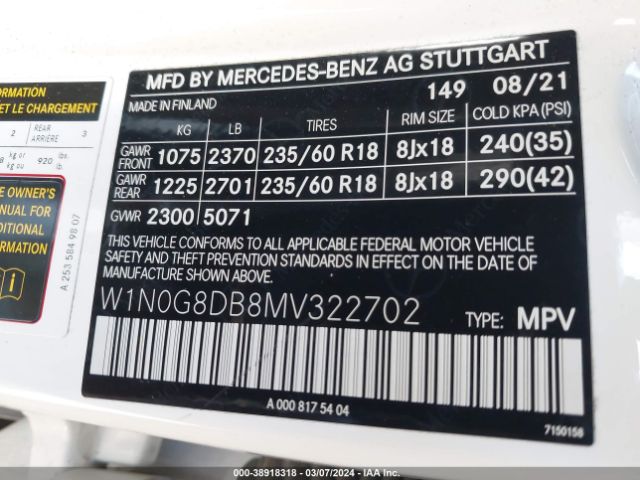 W1N0G8DB8MV322702 Mercedes-Benz Glc 300 Suv