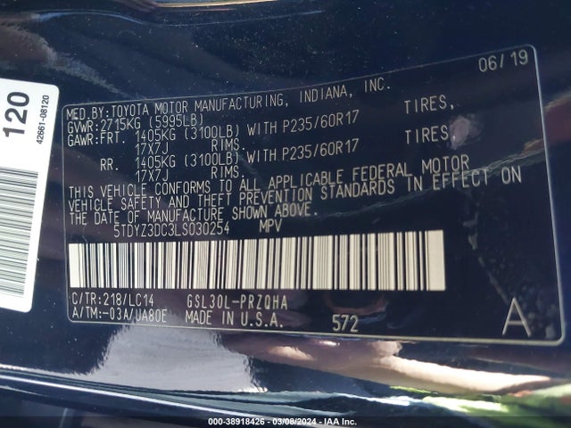 Toyota SIENNA XLE 2020 5TDYZ3DC3LS030254 Image 9