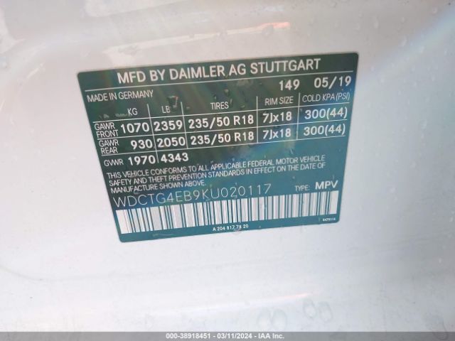 WDCTG4EB9KU020117 Mercedes-Benz GLA 250