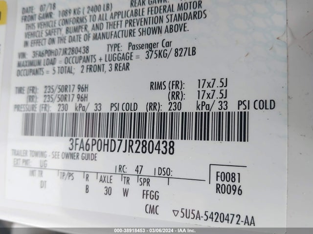 Ford FUSION SE 2018 3FA6P0HD7JR280438 Image 9