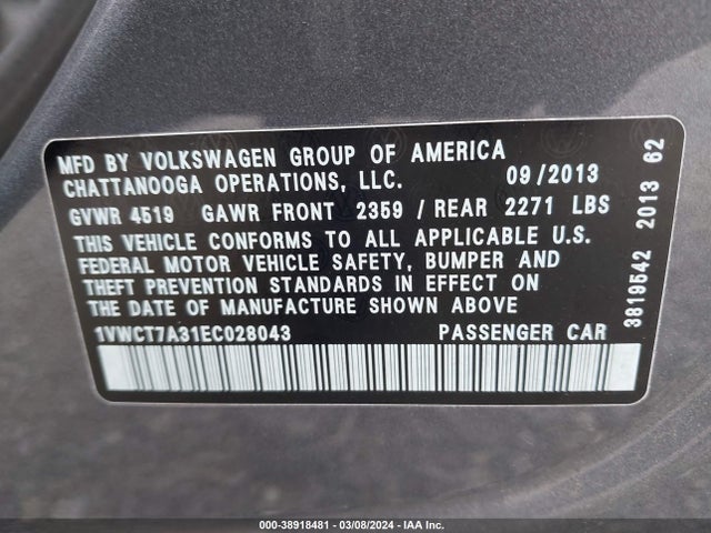 Volkswagen Passat 1.8t Sel Premium 2014 1VWCT7A31EC028043 Image 9