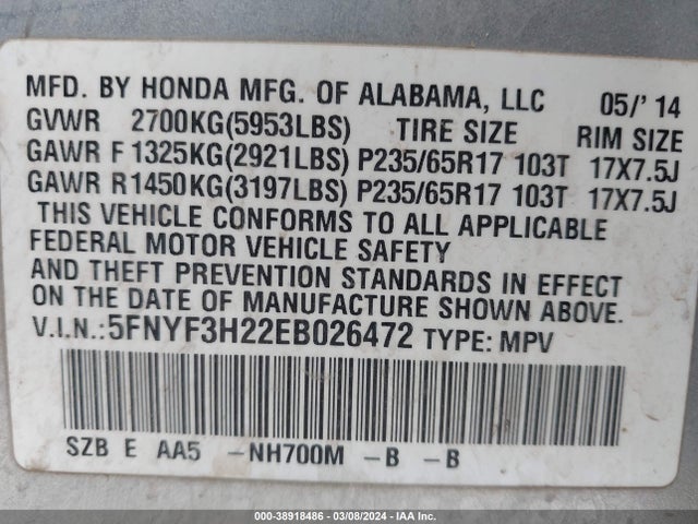 Honda PILOT LX 2014 5FNYF3H22EB026472 Image 9