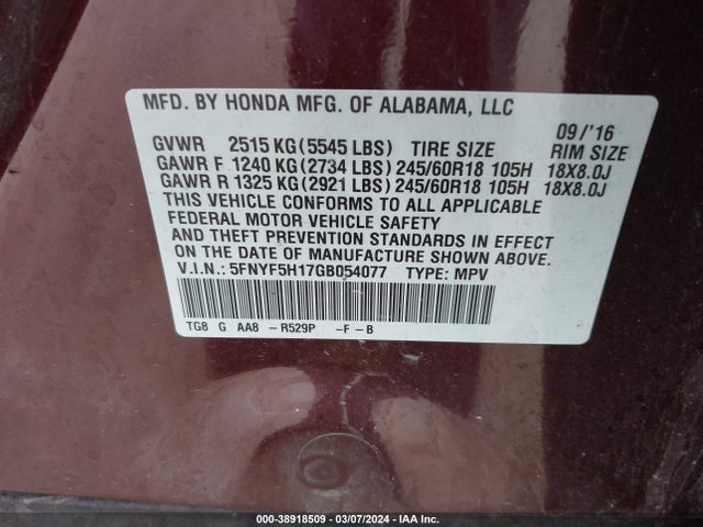 Honda PILOT LX 2016 5FNYF5H17GB054077 Image 9