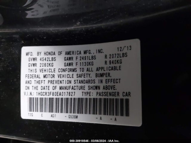 Honda Accord Ex-l V-6 2014 1HGCR3F80EA017627 Image 9