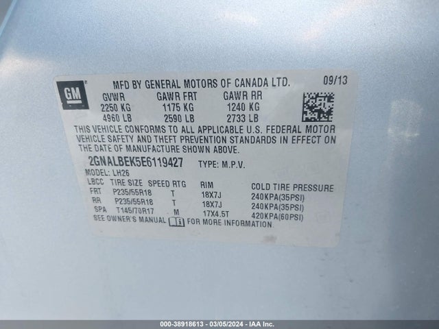 Chevrolet EQUINOX 1LT 2014 2GNALBEK5E6119427 Image 9