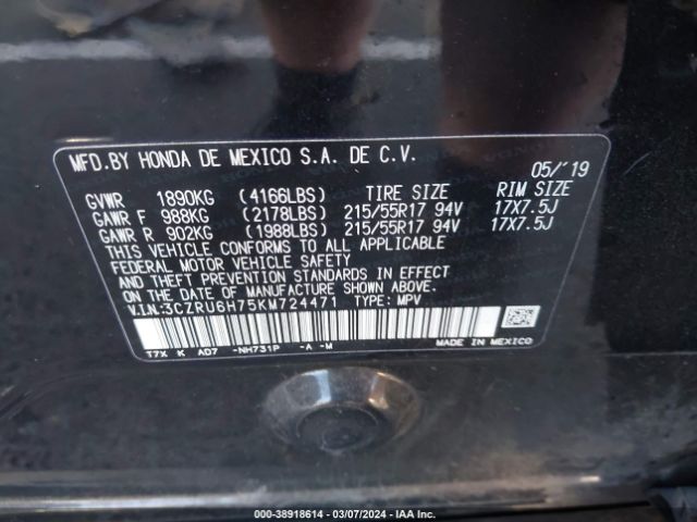 3CZRU6H75KM724471 Honda Hr-v Ex-l