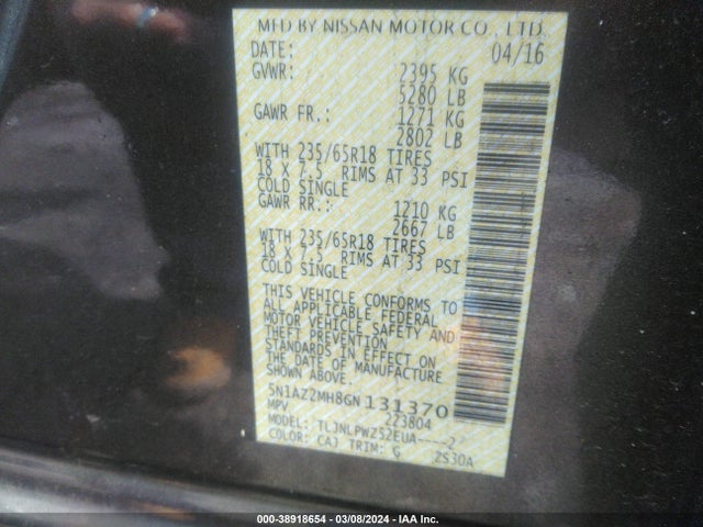Nissan MURANO S 2016 5N1AZ2MH8GN131370 Image 9