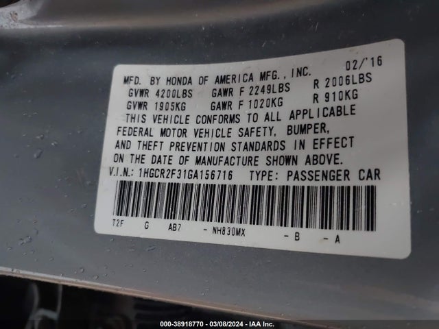 Honda ACCORD LX 2016 1HGCR2F31GA156716 Image 9