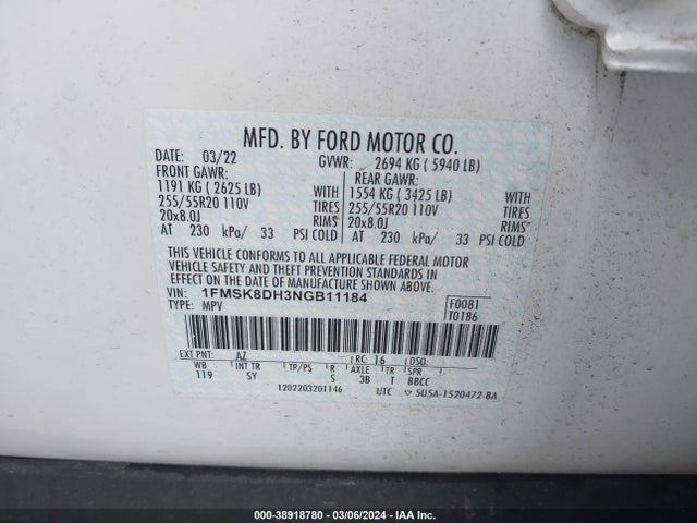 Ford EXPLORER XLT 2022 1FMSK8DH3NGB11184 Image 9