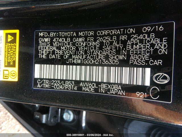 JTHBW1GG0H2136305 Lexus ES 300H