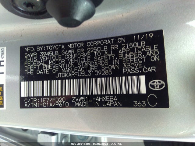 Toyota Prius Le 2020 JTDKARFU5L3109285 Image 9