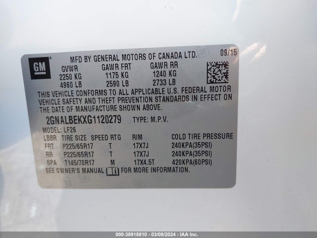 Chevrolet EQUINOX LS 2016 2GNALBEKXG1120279 Image 9