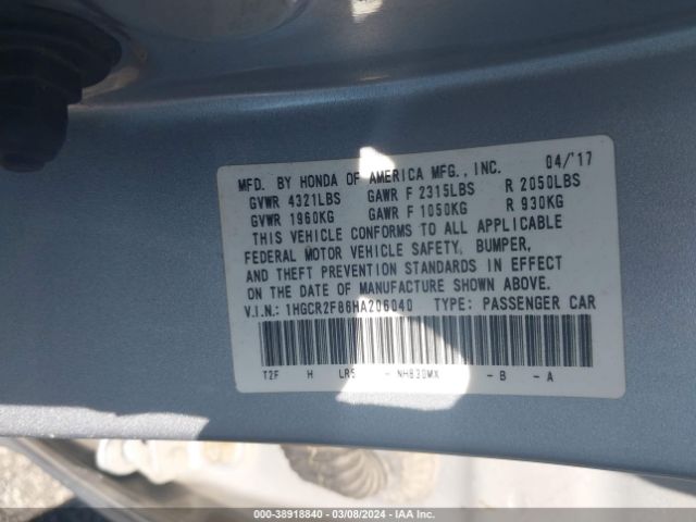 1HGCR2F86HA206040 Honda Accord Ex-l