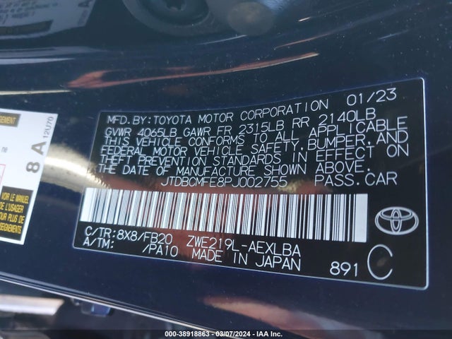 Toyota Corolla Hybrid Le 2023 JTDBCMFE8PJ002755 Image 9